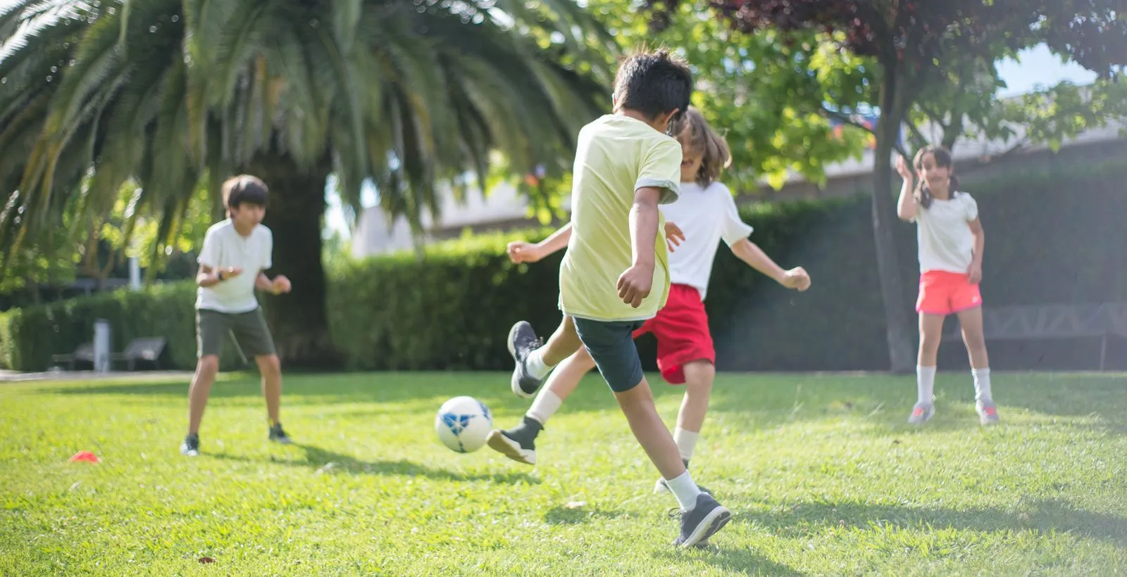 Children playing football on a sunny field